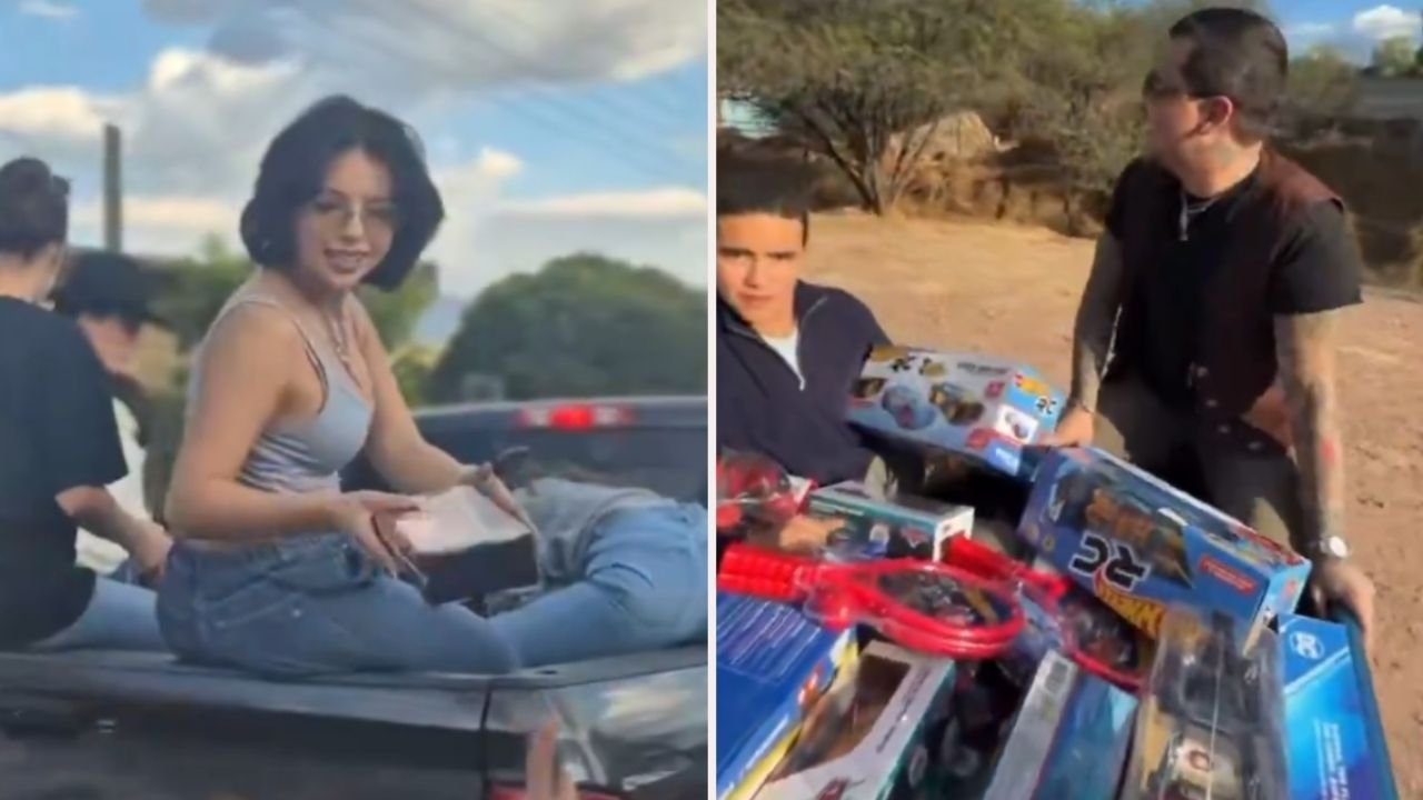 Ángela Aguilar y Christian Nodal regalan juguetes a niños en Zacatecas por Navidad | VIDEO